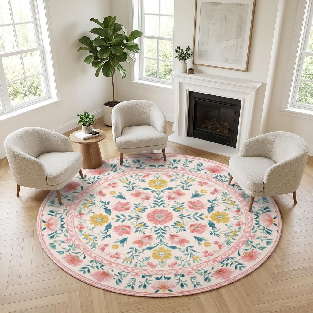 Boho Floral Round Area Rug 4ft (Daily-floral Pink B / 4' (Round))