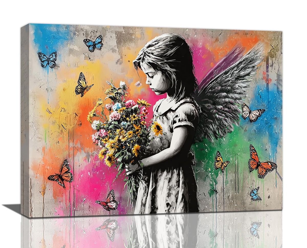 Banksy Wall Art Butterfly Girl Pictures Street Pop Art Graffiti Canvas Wall Decor Vintage Kids Aesthetic Painting Artwork Decorations Framed for Living Room Bedroom Bathroom Kid Room Office 12"x16" (Banksy girl / 16"L x 12"W)