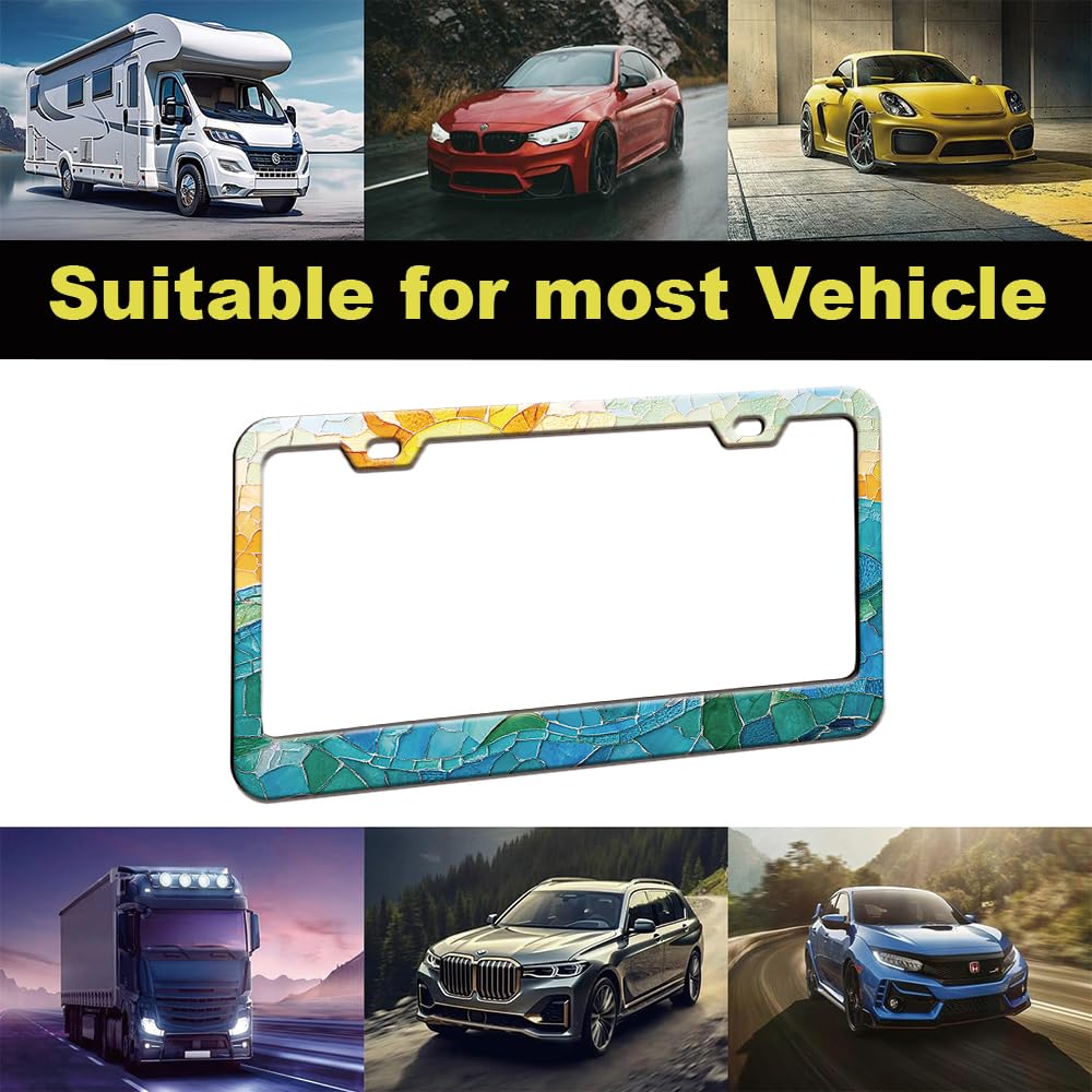 Stained Glass Sunset Beach License Plate Frame Women 2Pc Car Tag (for Blue green Mosaic / 2 pack)