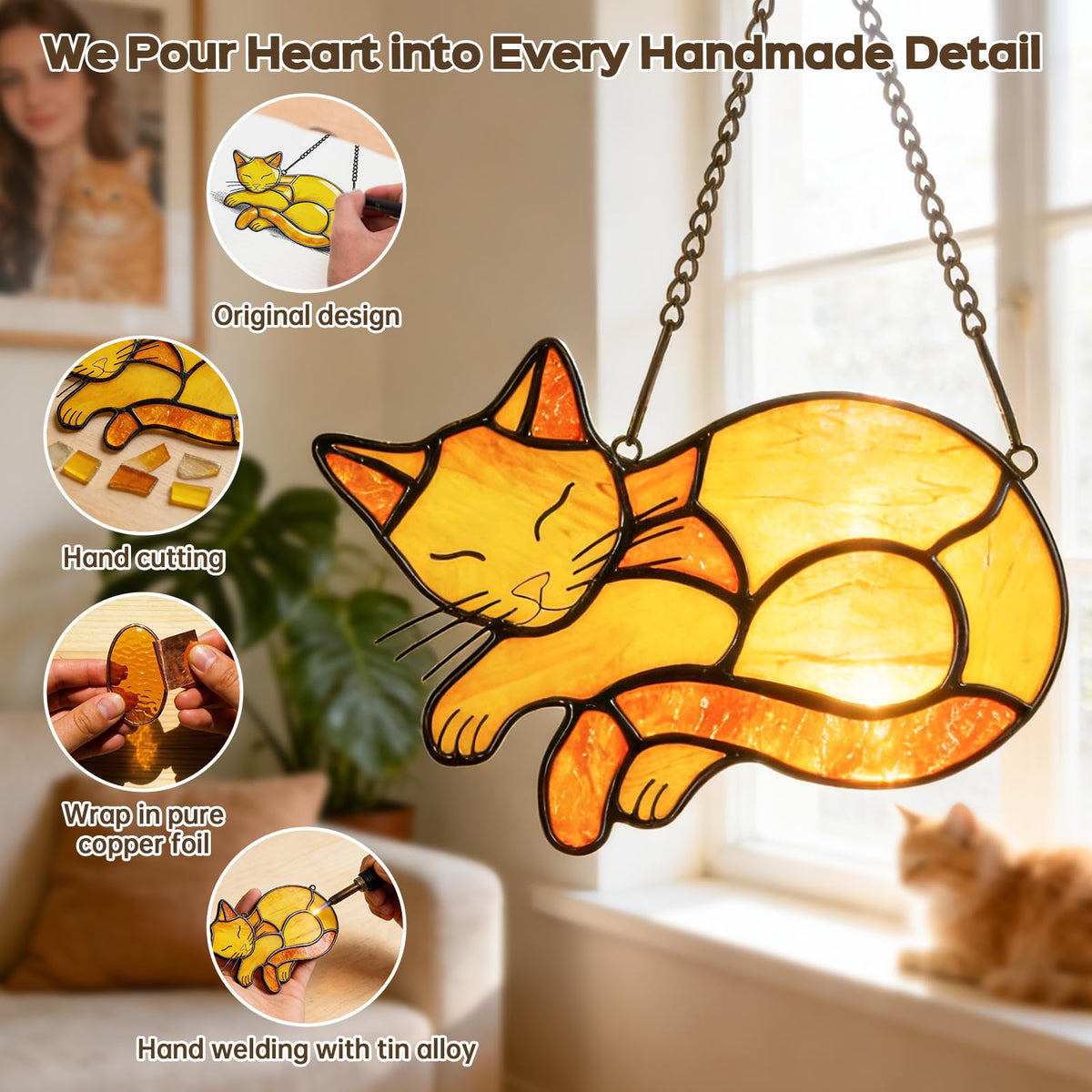Orange Cat Stained Glass Suncatcher Decor for Window Hanging (Orange)