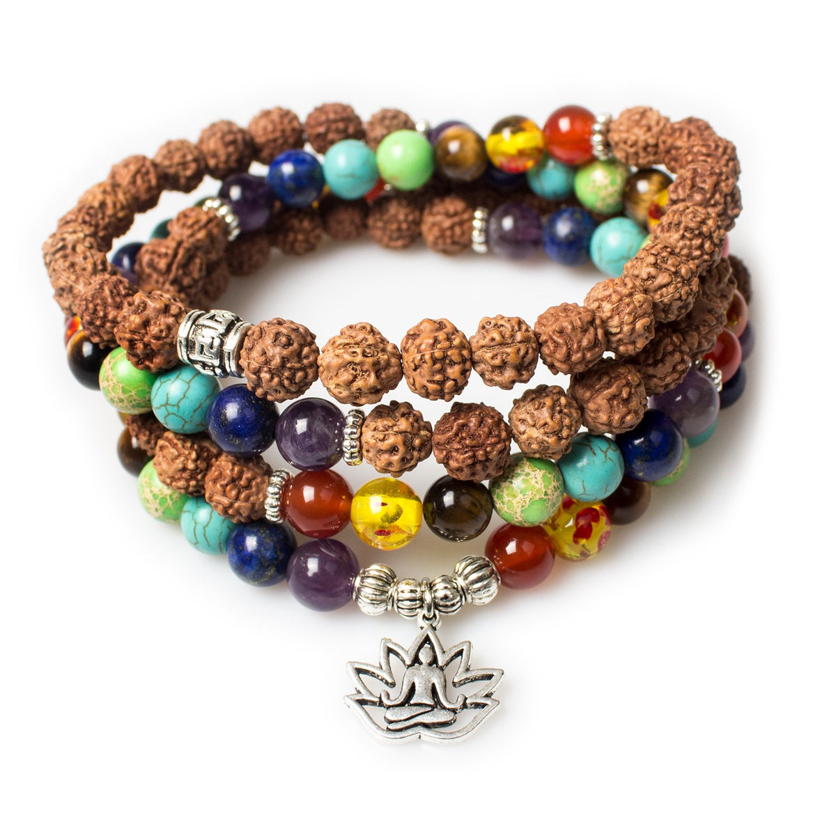 Necklace 108 Mala Beads Bracelet Buddhist Prayer Pendant Necklace (Rudraksha-Buddha-Lotus-1)
