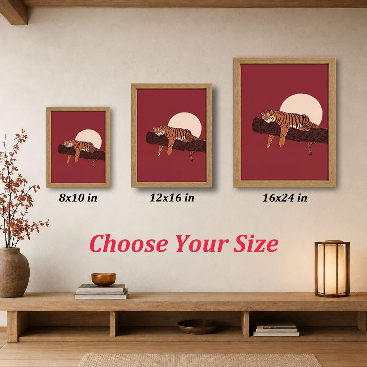 Japanese Sleeping Tiger Framed Wall Art Bold Red Amber Wildlife art (Japanese Tiger / 10"L x 8"W)