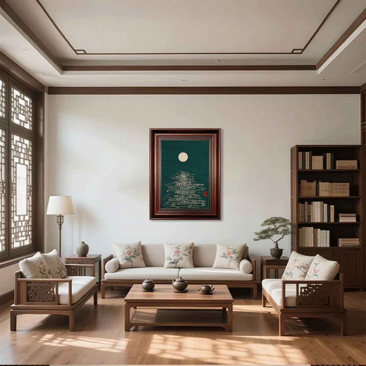 Dark Brown Framed Japanese Moon Canvas Wall Art 12x16 in (Japanese Moon / 16"L x 12"W)