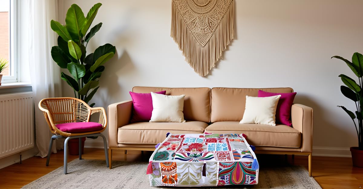 Indian Square Patchwork Traditional Pouf Cover Indian Living Room Poufs Decorative Embroidered Designer Ottoman Home Living Footstool Chair Cover Decor Pillow Cover 16x16x5 inches Off White (16"D x 16"W x 5"H / Off White)