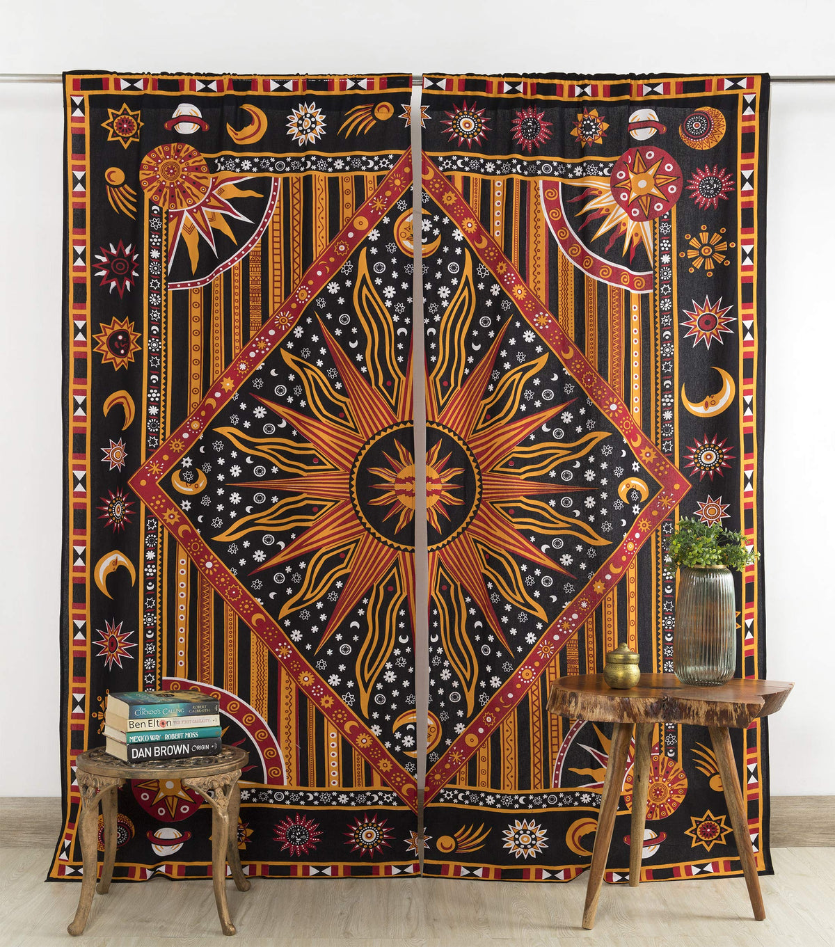 Indian Burning Sun Hippie Mandala Window Curtains (84"W x 100"L (Pack of 2) / Golden Black)