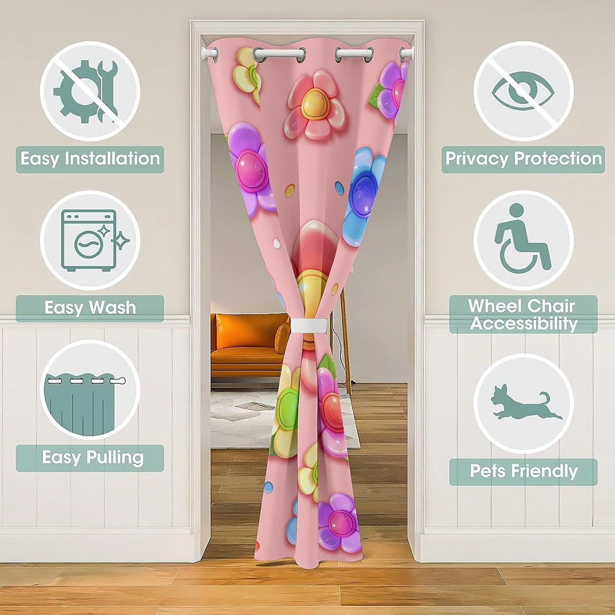 Bright Pink Door Curtain for Doorway Privacy 52x80 Inch 1 Panel Kids Flower Closet Cover for Boys Girls Teens Modern Art Room Divider Curtain Breathable Soft LightweightlRoom Decor (Bright Pink / 52"W x 80"L (Pack of 1))