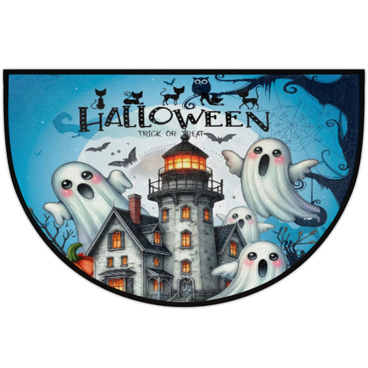 Ghosts Castle Half Round Door Mat Indoor Entrance Semi Circle Area Rugs (Z Halloween Horrible Pumpkin)