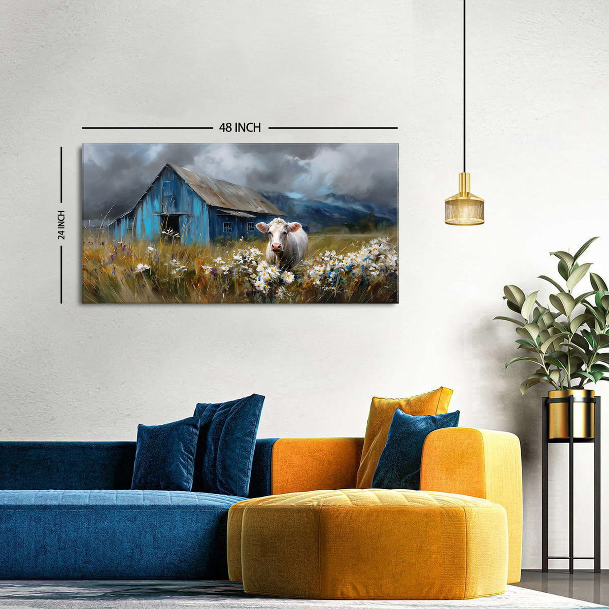 Farmhouse Cow Wall Art Rustic Barn Landscape Pictures Wall Decor Blue Barn Wildflower Field Canvas Prints Country Farm Animal Artwork for Living Room Dining Room Bedroom Home Decoration 24x48 (48"L x 24"W / Farmhouse)