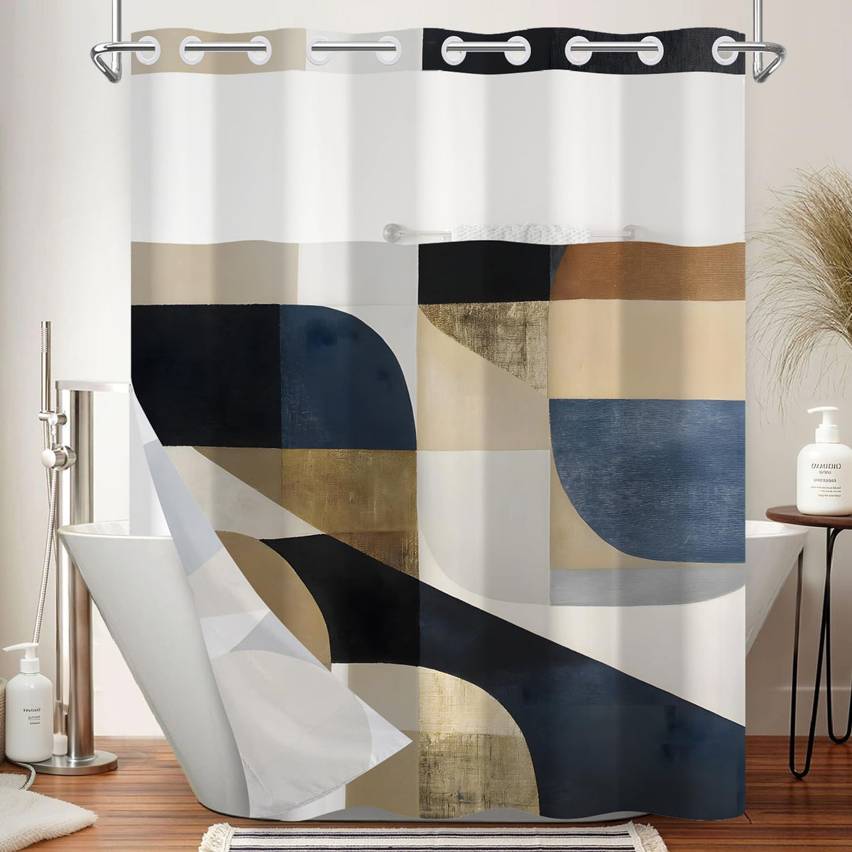 No Hook Shower Curtain with Snap in Liner (Abstract Geometric-b)