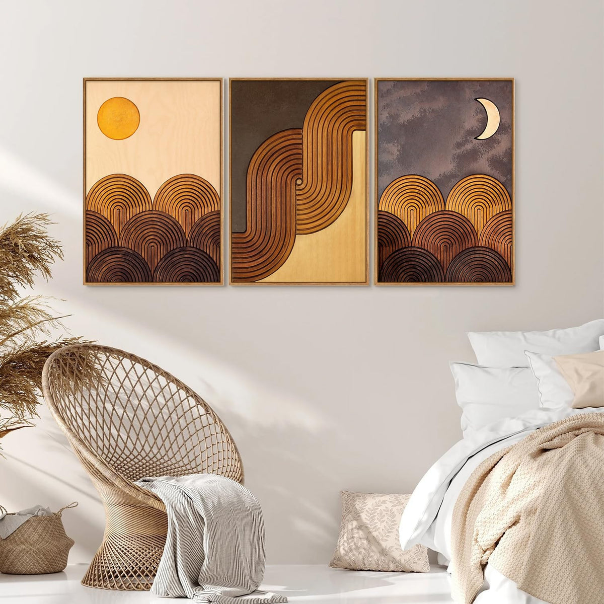 Mid Century Modern Framed Canvas Wall Art Set (Sun and Moon / 36"L x 24"W)