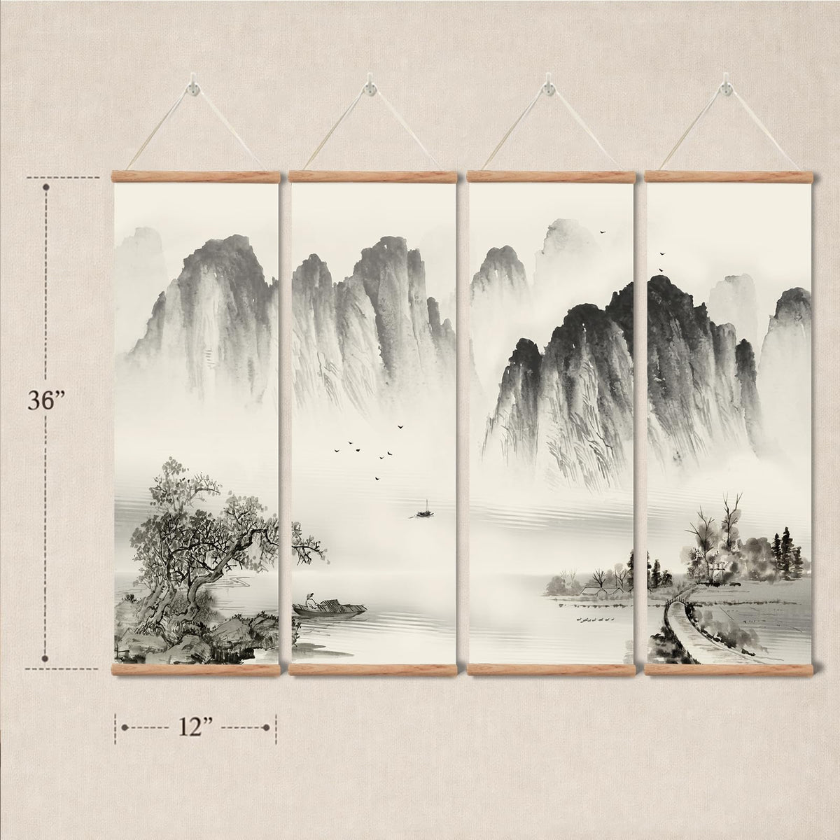 Chinese Ancient Landscape Scroll Wall Art (12”x36”x4piece / landscape-Oak)