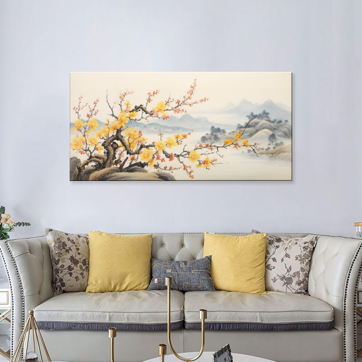 Asian Wall Art Traditional Chinese Painting Oriental Yellow Plum Blossom Canvas Pictures for Wall Decor Home Living Room Cherry Blossom Landscape Artwork Framed Ready to Hang (Yellow-One Piece / 40"L x 20"W)
