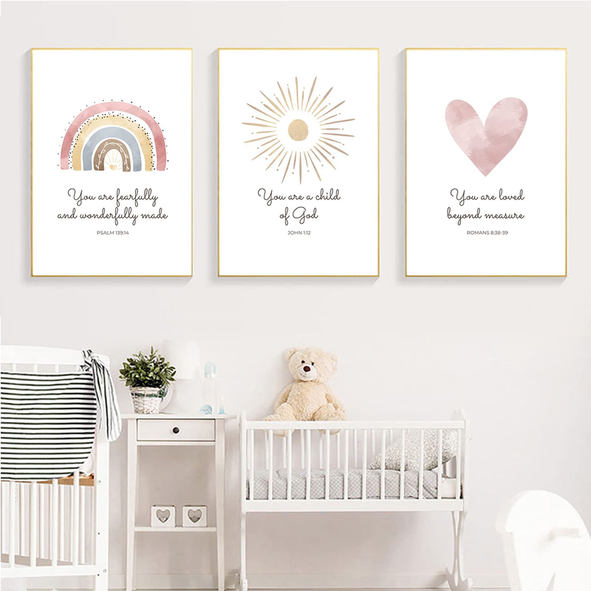 Boho Nursery Wall Art 3 Pieces Bible Verse Nursery Art Christian Girls Nursery Wall Art Heart Rainbow Sun Nursery Art Print Boho Sunshine Decor for Girl Baby Kid Room Decor 12x16 Inch Unframed (Boho Nursery Prints / 12x16 Inch Unframed)