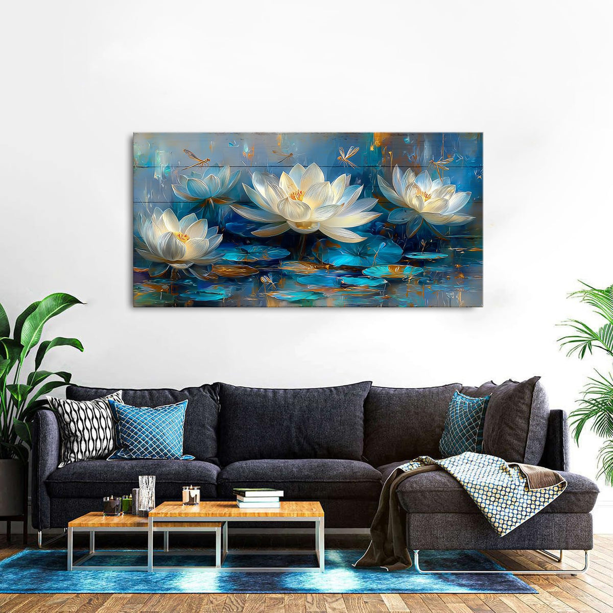 Abstract Flower Wall Art Navy Blue and White Lotus Flowers Wall Decor Zen Canvas Picture Colorful Floral Dragonfly Poster Print Country Bouquet Painting Artwork for Yoga Living Room Decorations 30x60 (57.8"L x 30"W / Lotus Flower)