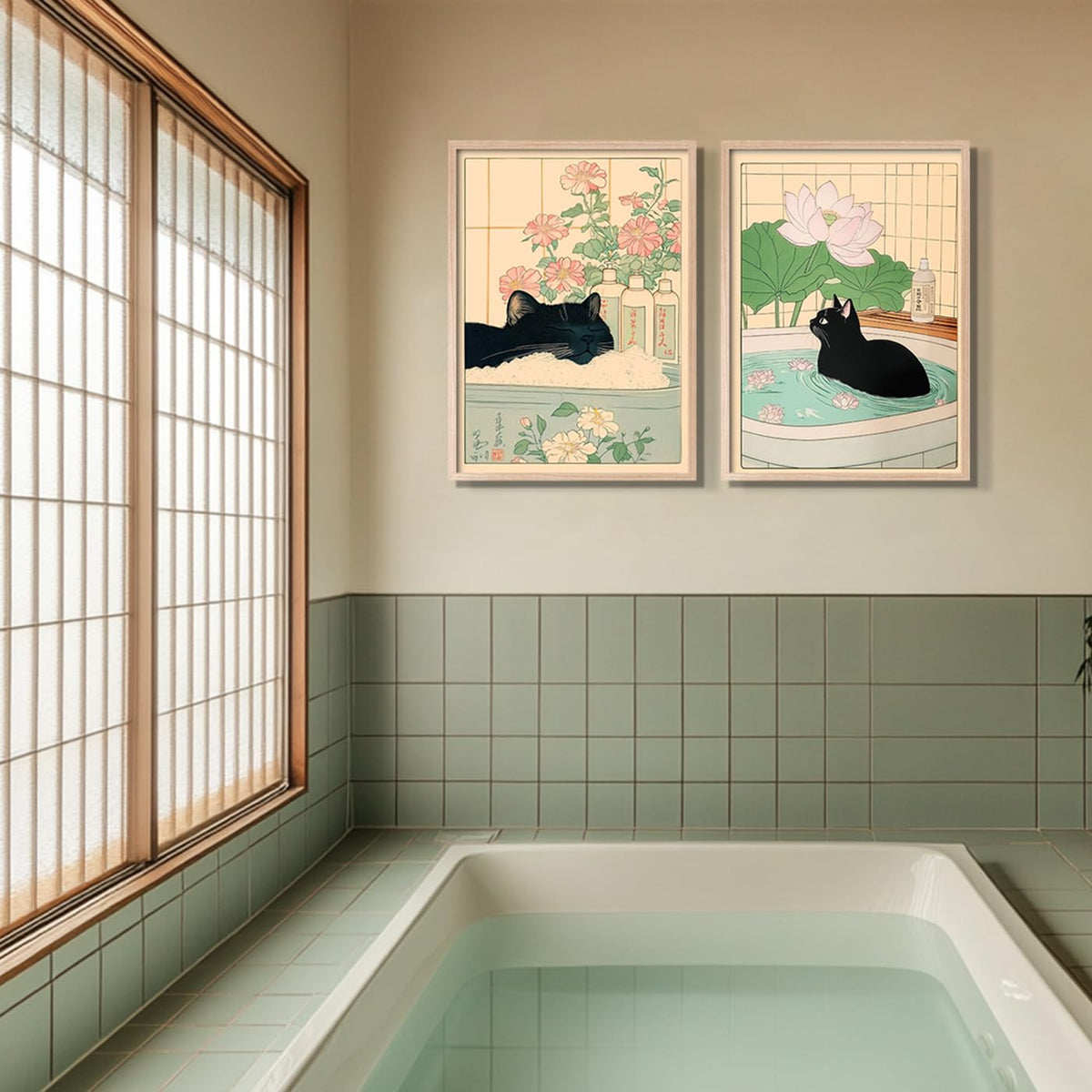 2Pcs Framed Japanese Style Black Cat Wall Art Bathroom Decor Painting Vintage Style Artwork HD Canvas Prints Living Room Wall Decor Modern Zen Poster Home Gallery Picture 12X16 Inch (Black Cat Bathroom / 12"L x 16"W)