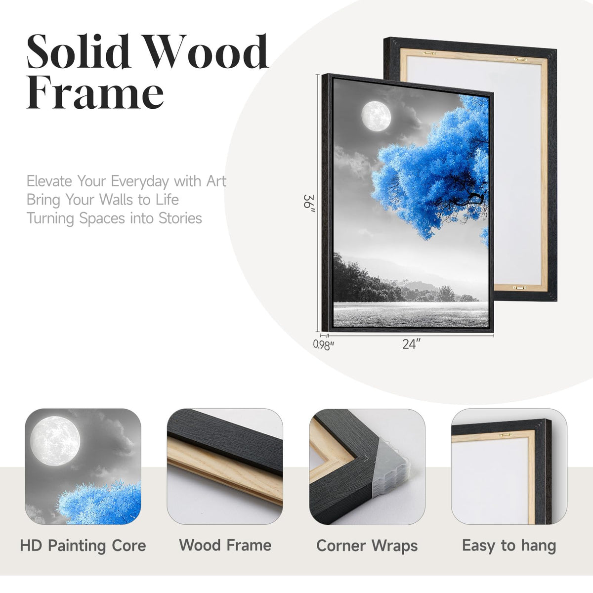 Large Framed Blue Black and White Tree Wall Art for Living Room (Klein Blue / 24" W x 36" H x 3Pcs)