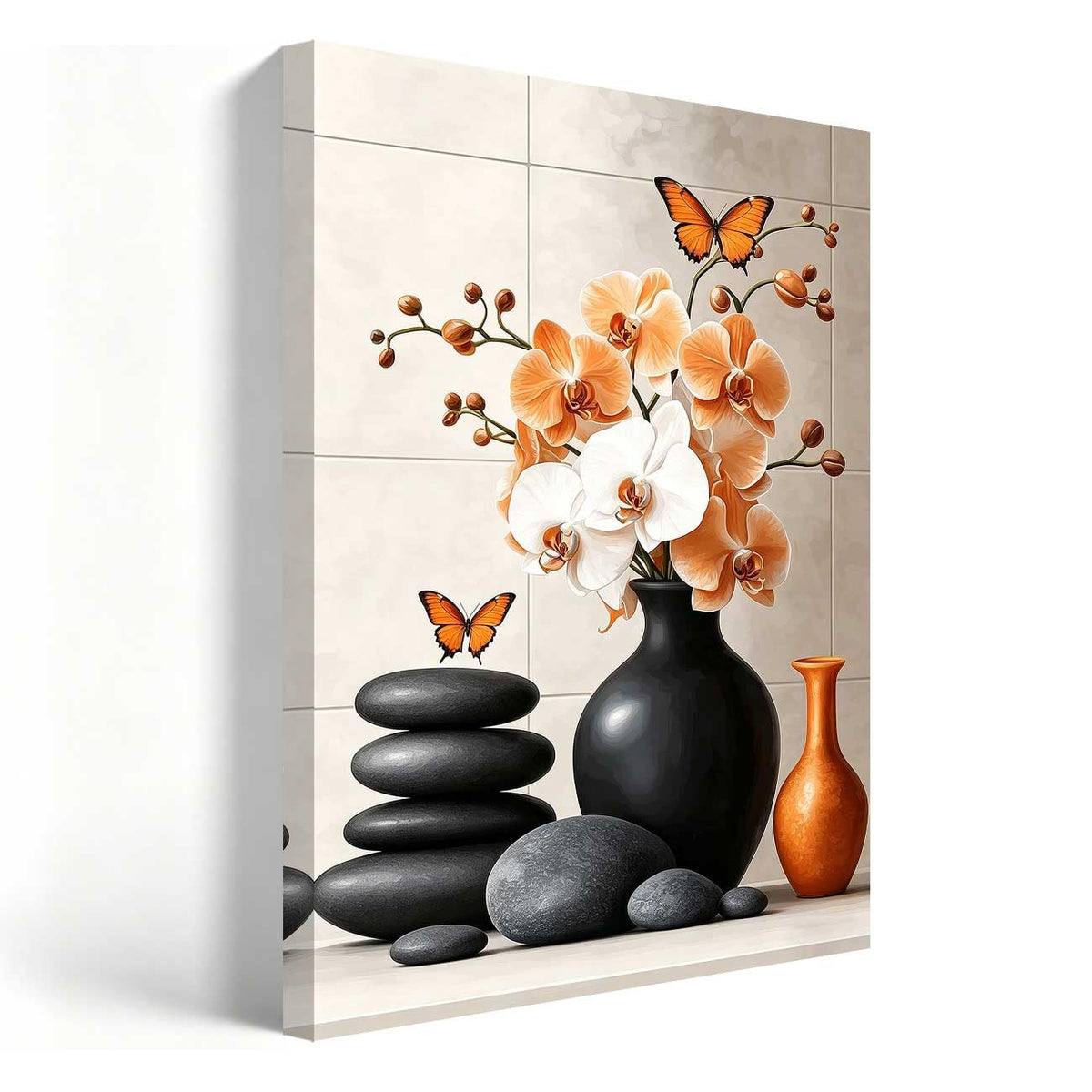 Orchid Flower Canvas Wall Art Zen Bathroom Pictures Prints Spa Stone Butterfly Wall Decor Black White Yoga Meditation Paintings for Living Room Bedroom (Orange / 30"L x 20"W)