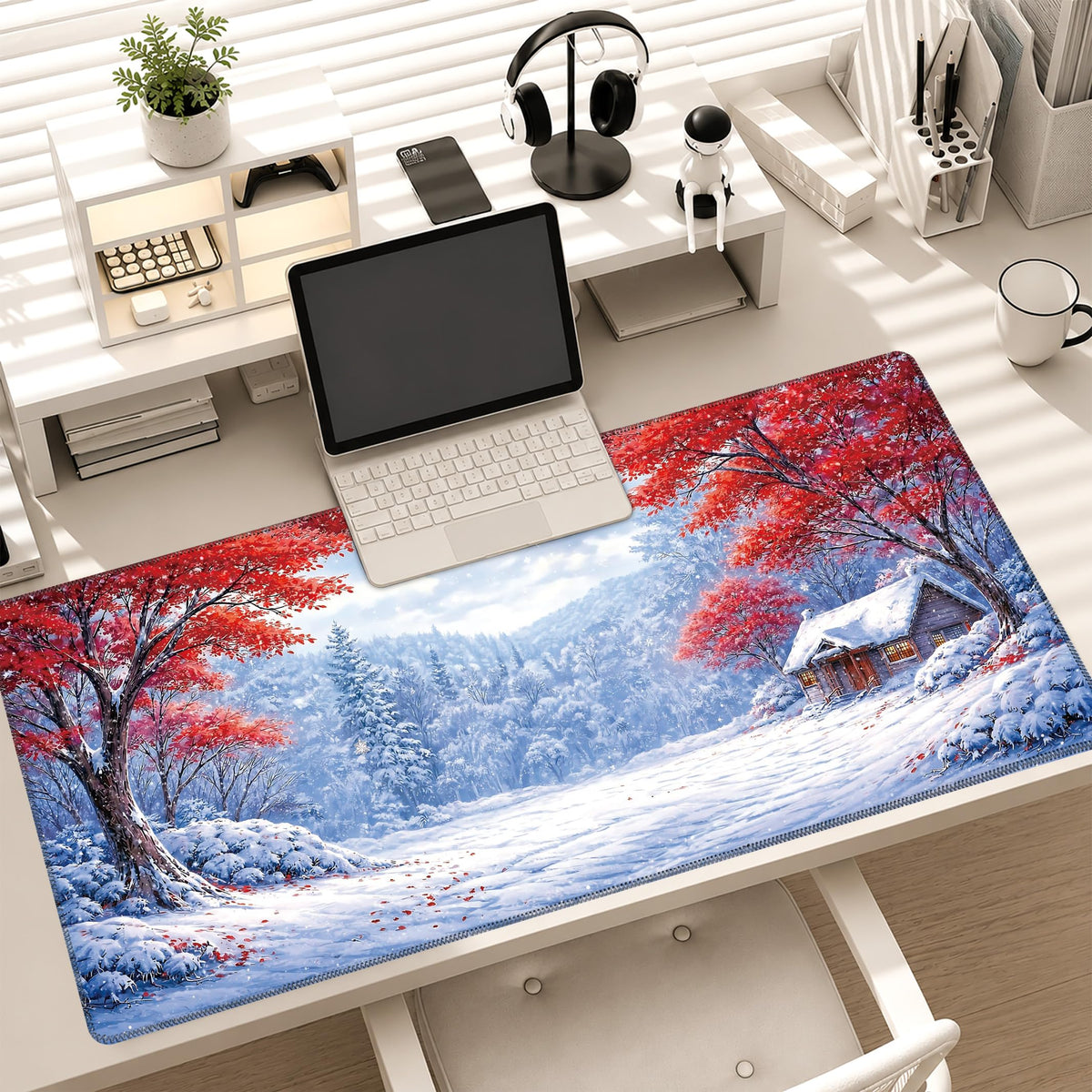 Snowy Forest Large Gaming Mouse Pad Desk Mat Extended Mousepad (Red maple snow scene / 35.4L x 15.7W inches)