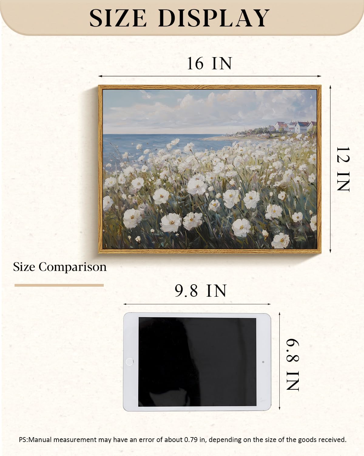 Vintage Coastal Wildflower Framed Canvas Wall Art 12"x16" Ocean View White Flowers (Seaside / 16"L x 12"W)