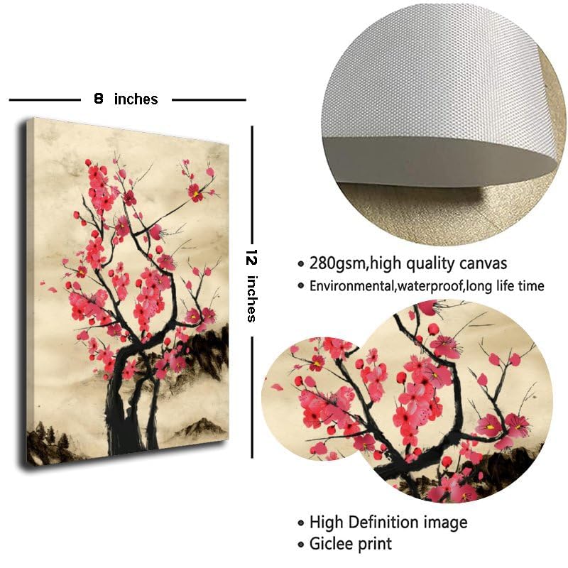 Cherry Blossom Branch Print Traditional Japanese Sakura Poster Wall Art living Room Wall Hang Flowers Canvas Decor Framed 8"X12" (12"L x 8"W / Frame-5)