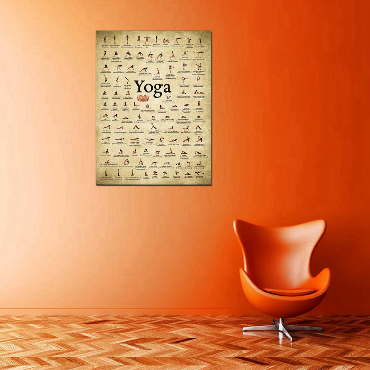 Large Vintage Yoga Wall Art Yoga 100 Poses Reference Lotus Flower Artwork (36"L x 24"W / Yoga)