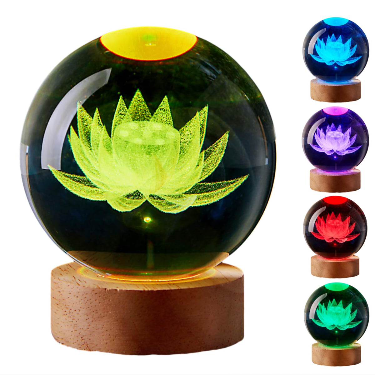 Large Lotus Crystal Ball Night Light with Woodern Base (love)