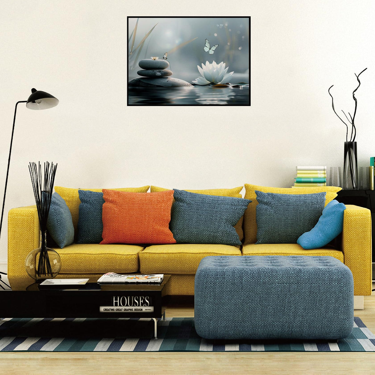 Butterfly Lotus Canvas Wall Art Floating Framed Serenity Decor 12x16 Inch (Zen Lotus 03 / 16"L x 12"W)
