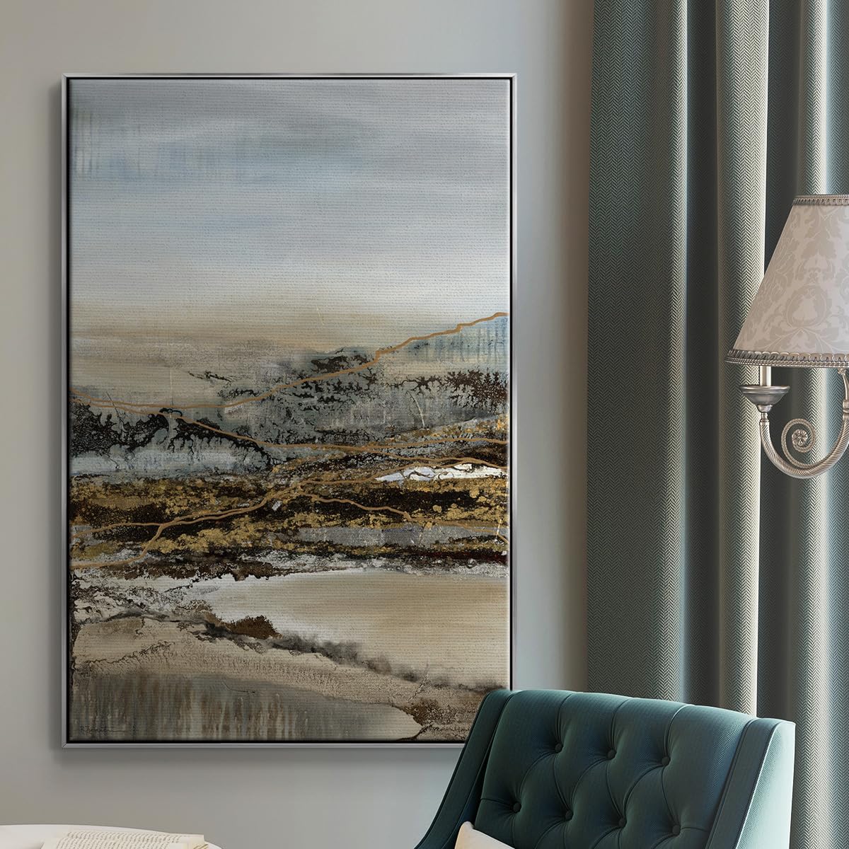 Abstract Wall Art Silver Floater Frame Prints Annual Journey through the Mountains Path Canvas Paintings for Office Bedroom Kitchen Walls (37"L x 25"W / Annual Journey)