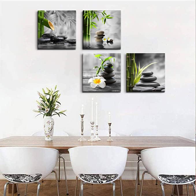 Zen Bathroom Decor Black and White Wall Art Grey Green Room Decor Stone Bamboo Pictures Canvas Meditation Posters Prints Artwork Bedroom Wall Decor Living Room Kitchen Decorations (AzenHB / 12"L x 12"W)