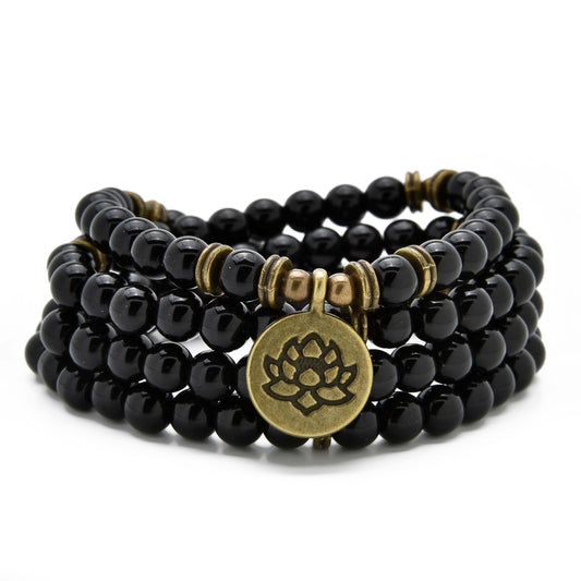 108 Healing Mala Beads Bracelet or Necklace with Gold Lotus Charm (Black Agate)