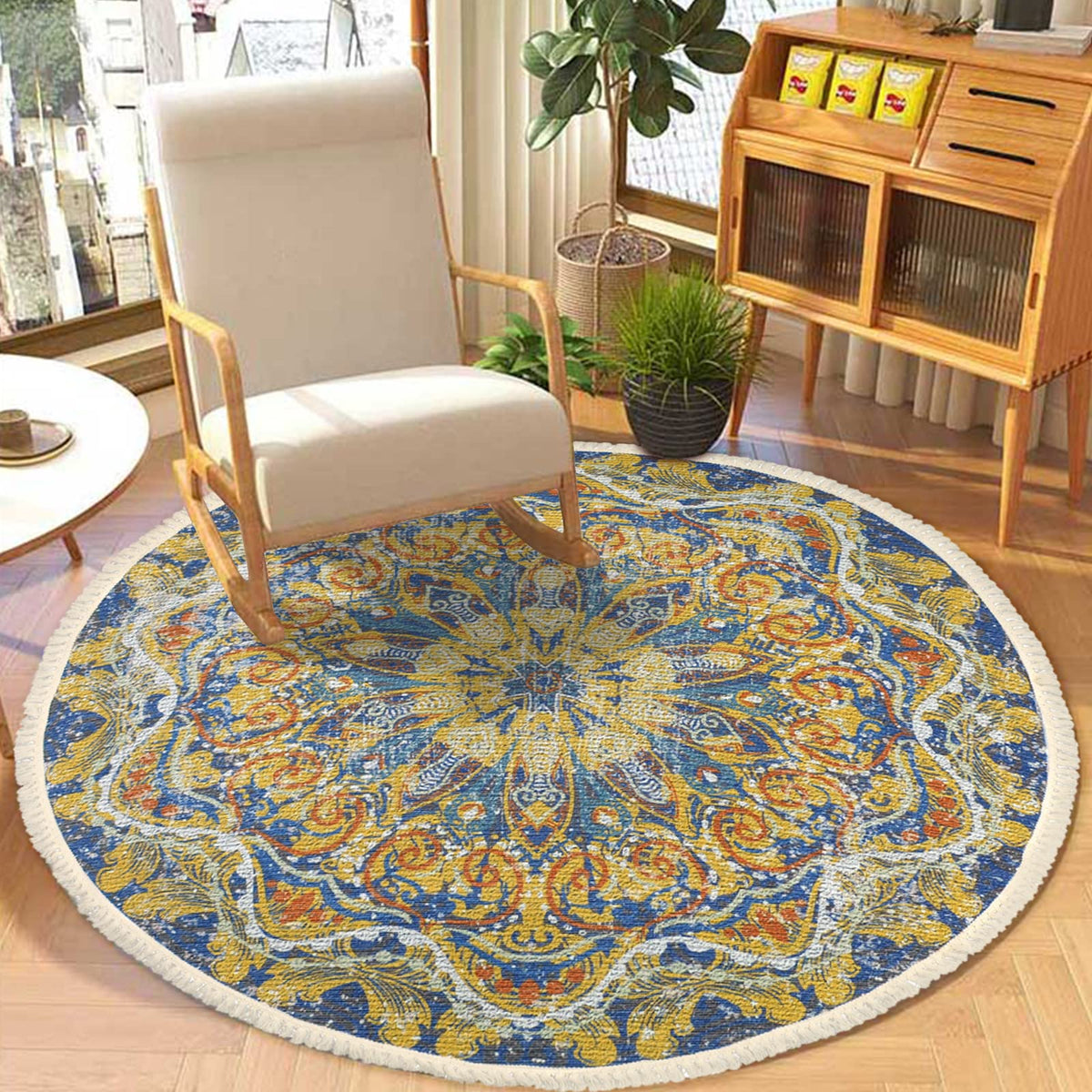 Boho 4Ft Round Washable Rug for Bedroom Farmhouse Hallway Entryway (Yellow / 4' (Round))