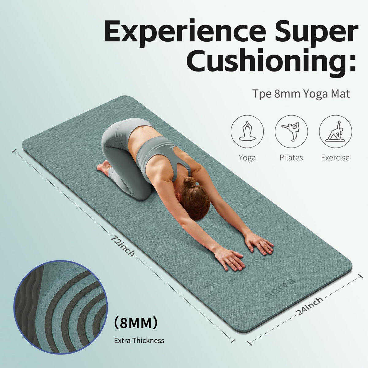 TPE Yoga Mat 8mm Thick Non (Deepgreen&Gray)