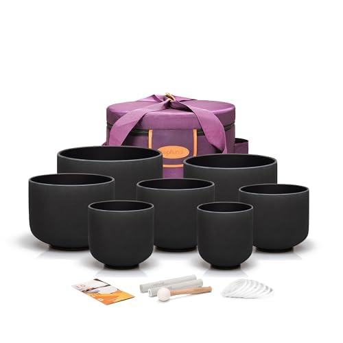 6 12 inch Chakra Set of 7 Black Crystal Singing Bowls with Heavy Duty Carrying Case and Singing Bowl Mallets (6-12 inch / Set of 7 Black Bowls)