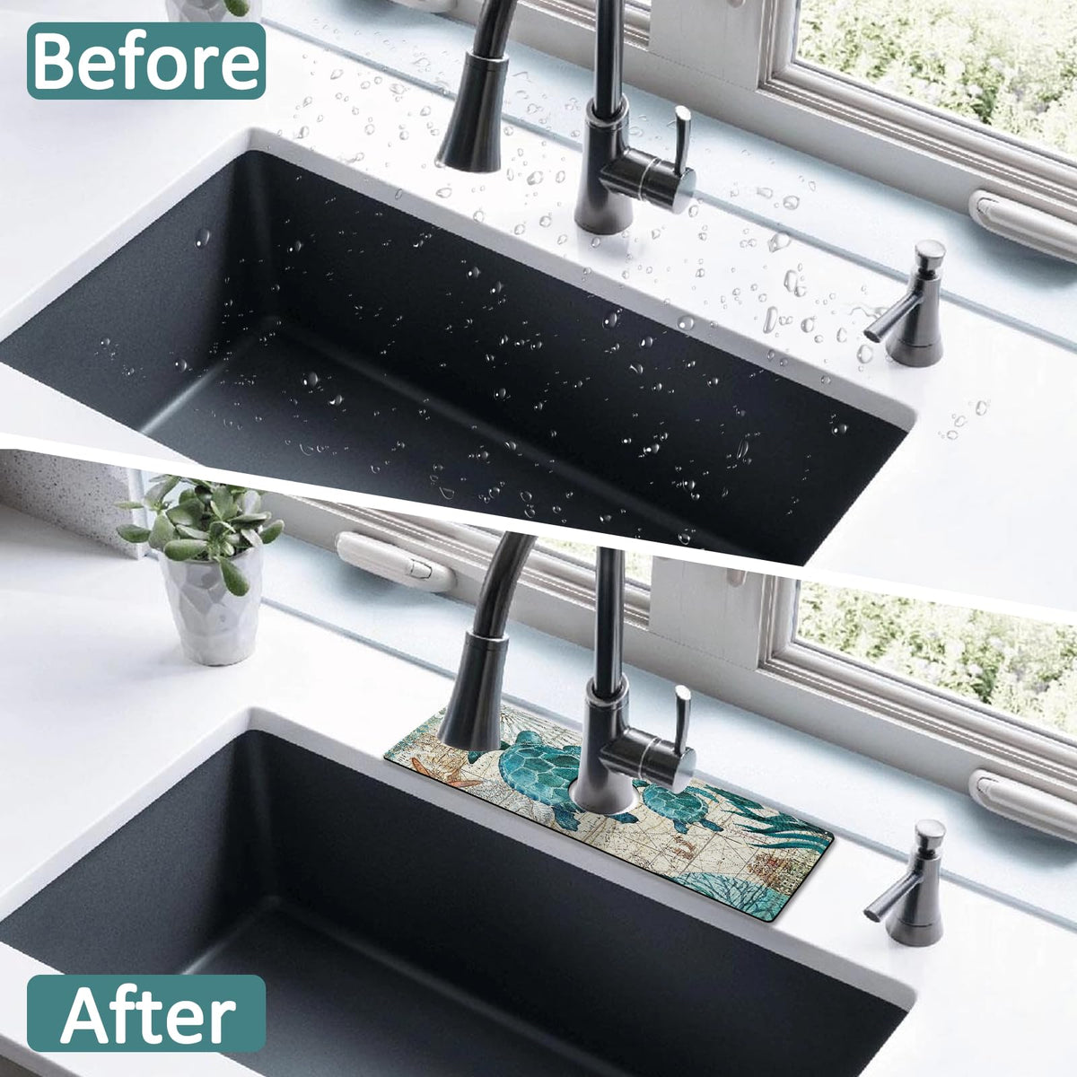 Kitchen Sink Splash Guard Faucet Mat 15" X 5.5" Sea Turtle Absorbent Fast Drying Mat Faucet Draining Mat Sink Splash Guard Behind Faucet Drip Catcher for Kitchen Bathroom (15*5.5in / Turtle)
