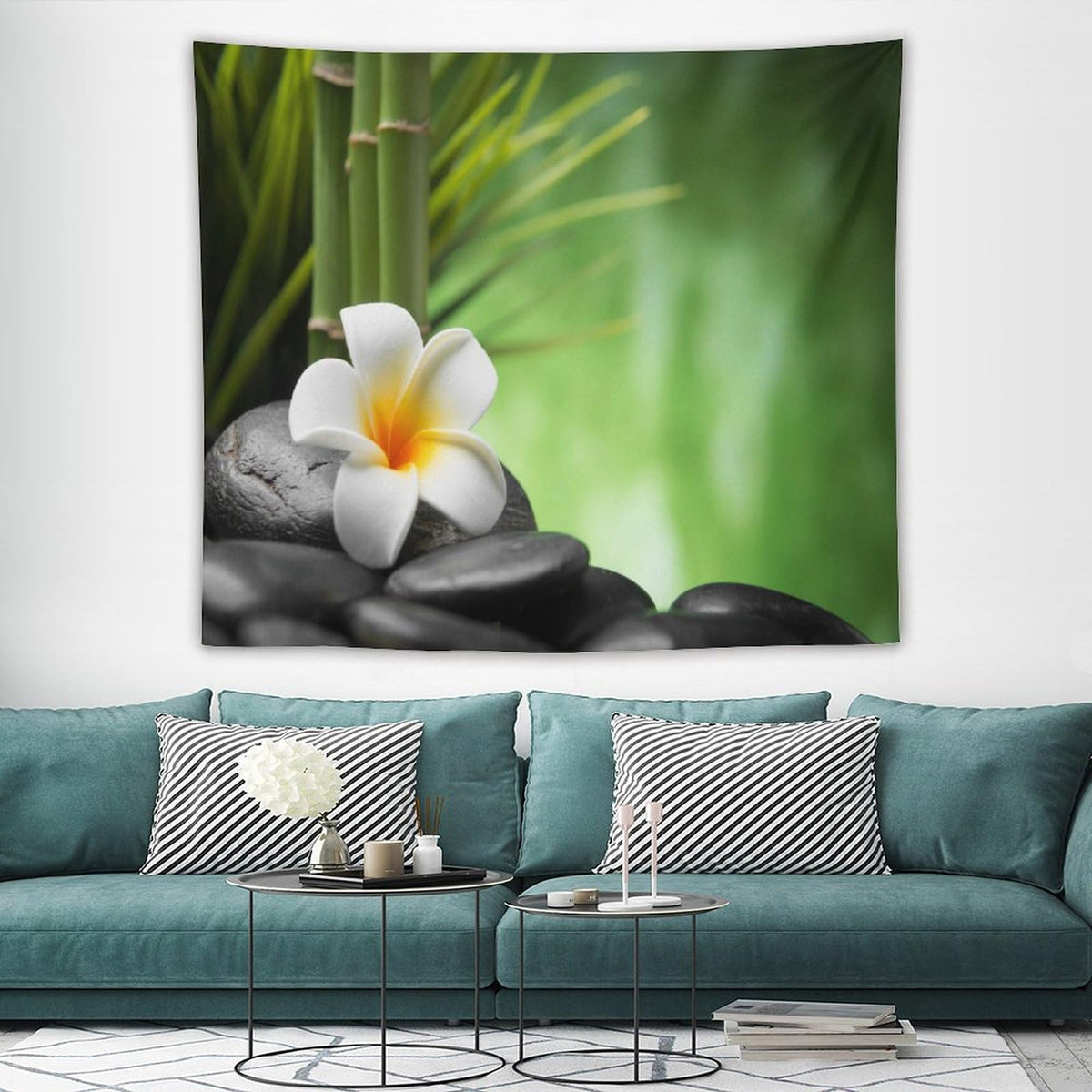 Zen Garden Tapestry Wall Hanging Spa Green Bamboo Stone White Flower Water Landscape Tapestries Home Decor for Living Room Bedroom Farmhouse Kitchen Dorm 50"x60" (50"L x 60"W / Zen-13)