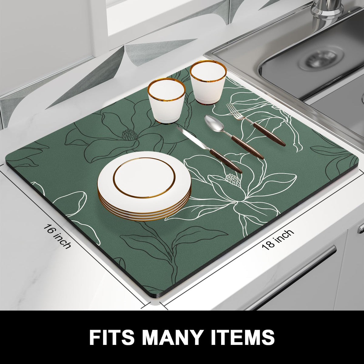 Dish Drying Mat for Kitchen Counter (Line Art Magnolia / 16" x 18")