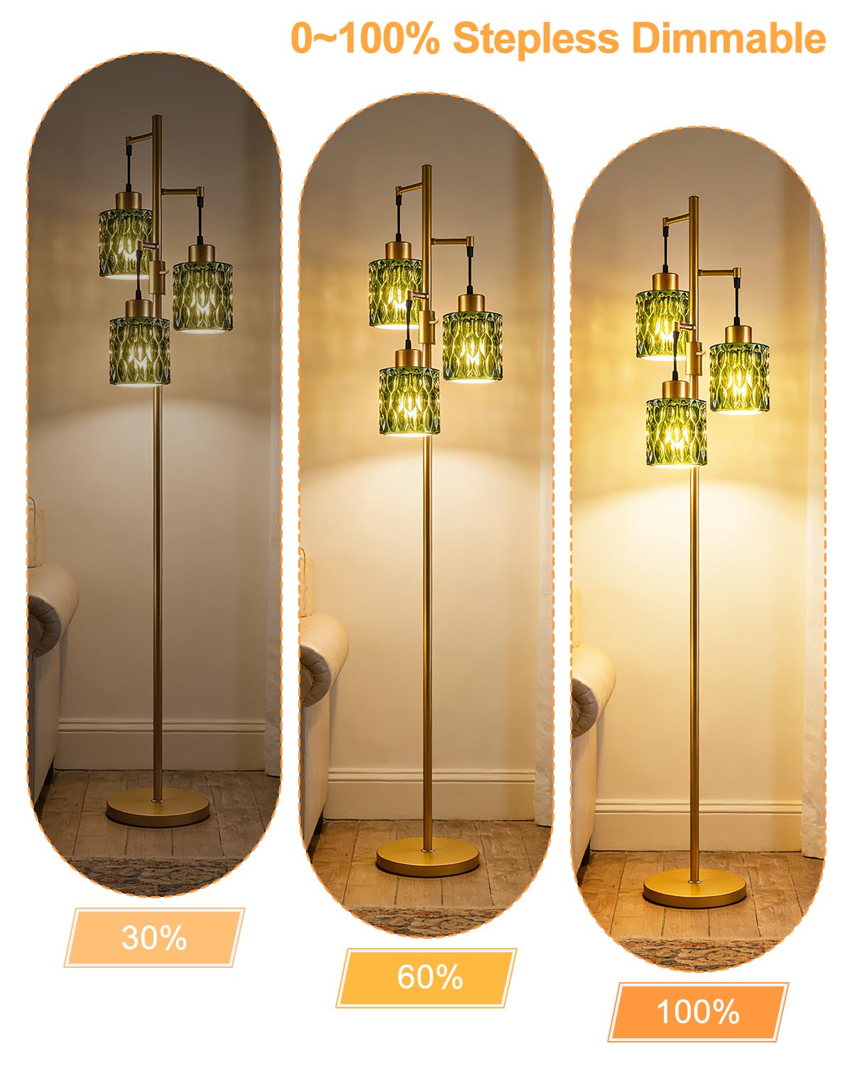 Green Glass Floor Lamp Farmhouse Gold Floor Lamps for Living Room (3 Green Cylinder-Gold)