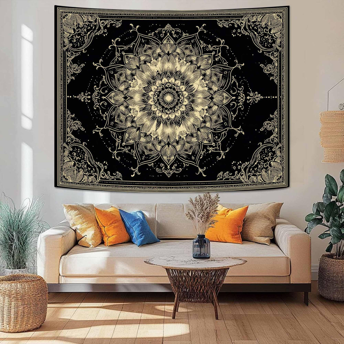 Golden Outline Mandala Tapestry (80"L x 60"W / Red)