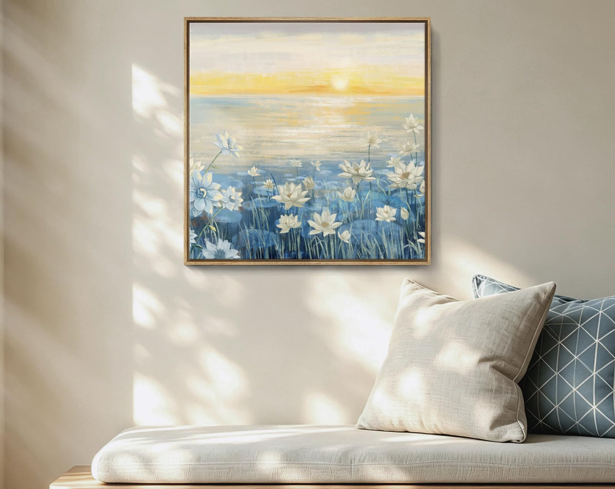 Bathroom Decor Wall Art Framed Canvas Wall Art Modern Beach Coastal Floral Sunset Boho Ocean Artwork Blue Yellow Lotus Flower Zen Wall Picture for Bedroom Kitchen Office Small (Sunrise Wall Art / 13.5"L x 13.5"W)