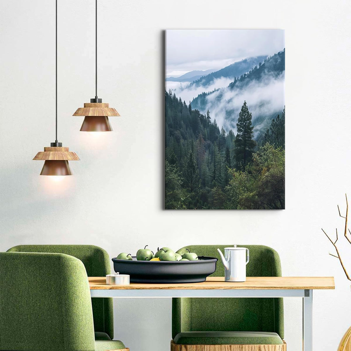Misty Forest Mountain Canvas Wall Art Green Tree Scenery Pictures Prints Photo (24"L x 36"W / ZRFJ07)