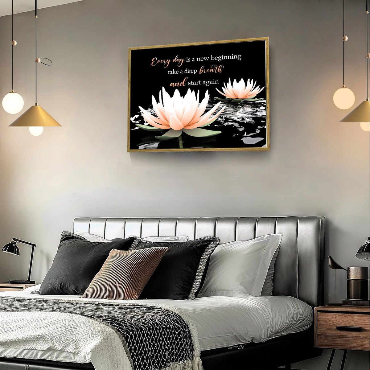 Orange Flower Framed Wall Art Inspirational Quotes with Water Lily Wall Art for Living Room Zen Yoga Spa Black Canvas Wall Decor for Bedroom Bathroom Home Office Ready to Hang 12L x 17W Inch (Orange / 12"L x 17"W)