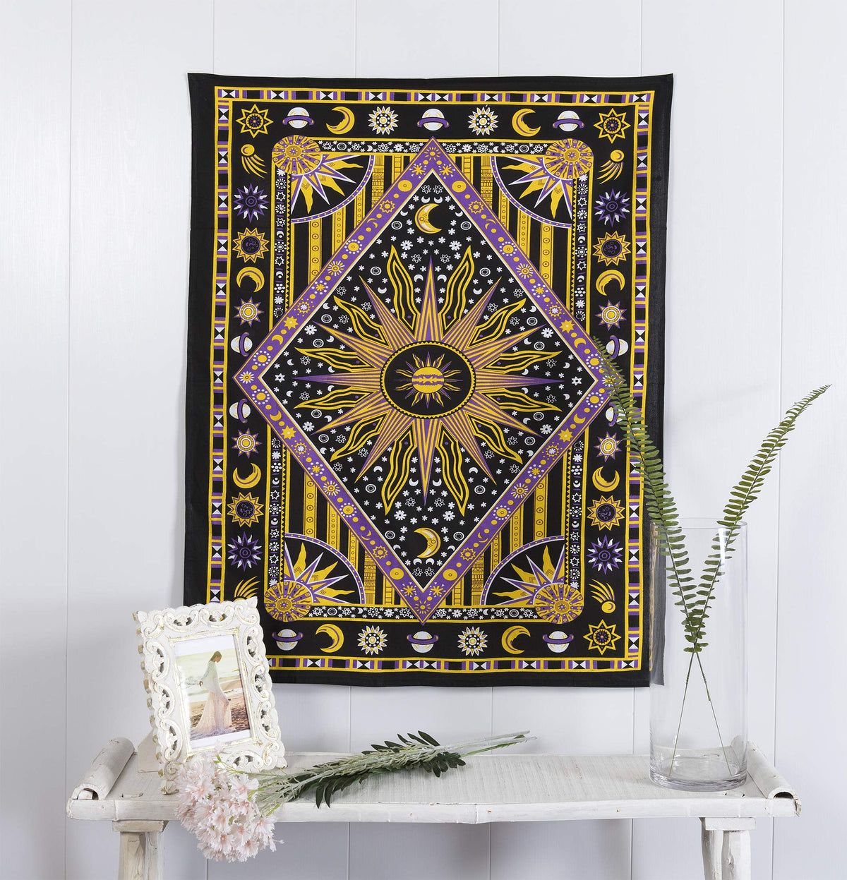 Wall Hanging Tapestry For Bedroom Hippie Burning Sun and Moon Meditation Bohemian Hippy Psychedelic Design Indian Tapestries Bedspread 30 x 40 Inches (40"L x 30"W / Purple Yellow)