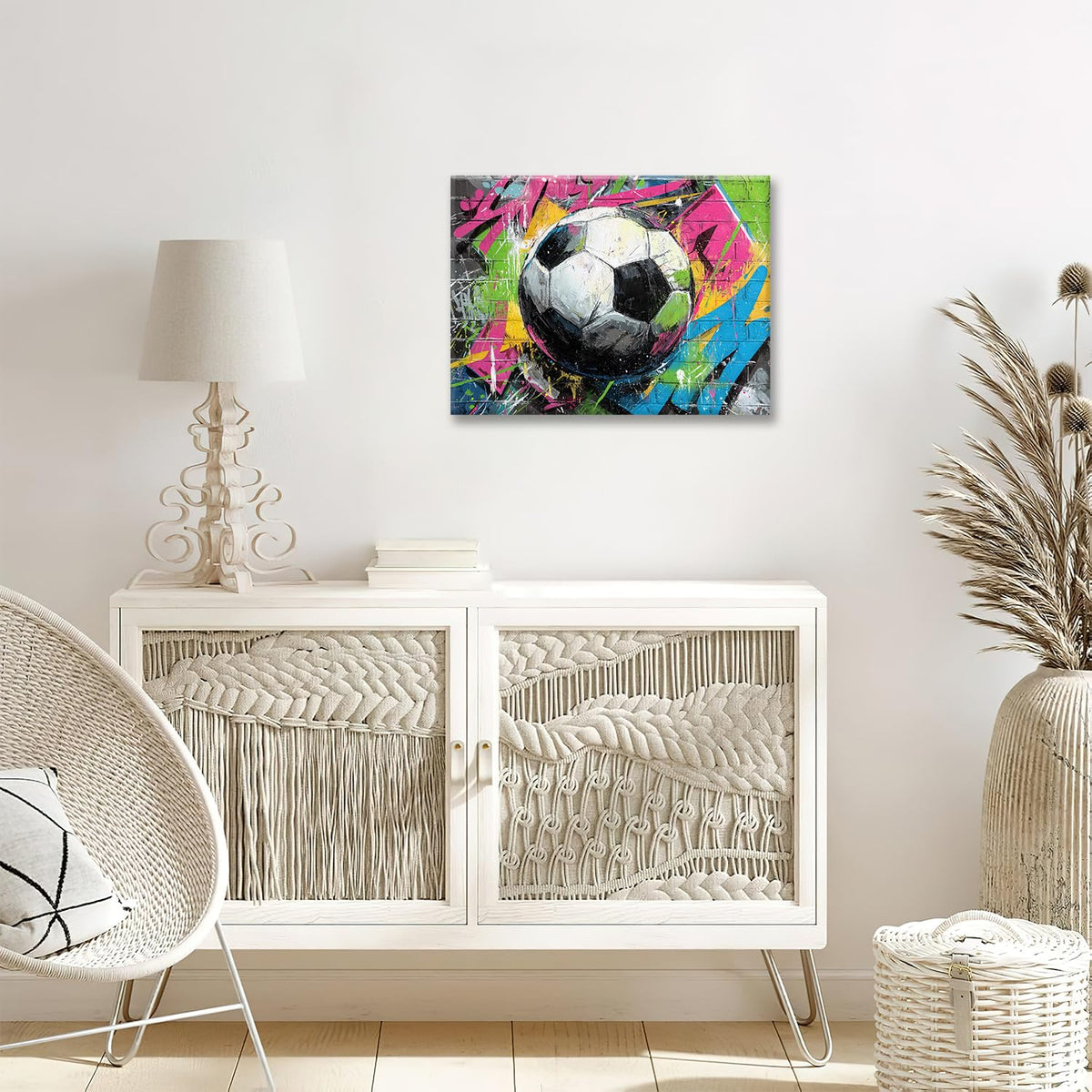 Soccer Canvas Wall Art Colourful Football Painting Framed ArtWork 16"x24" (Graffiti Soccer / 24"L x 16"W)