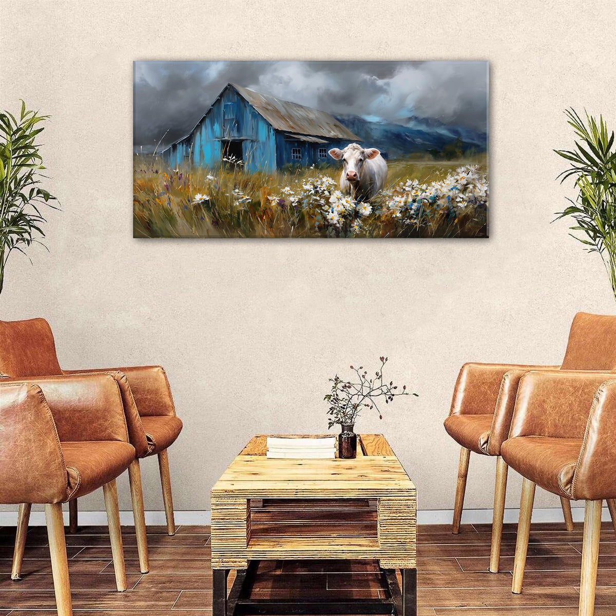 Farmhouse Cow Wall Art Rustic Barn Landscape Pictures Wall Decor Blue Barn Wildflower Field Canvas Prints Country Farm Animal Artwork for Living Room Dining Room Bedroom Home Decoration 24x48 (48"L x 24"W / Farmhouse)