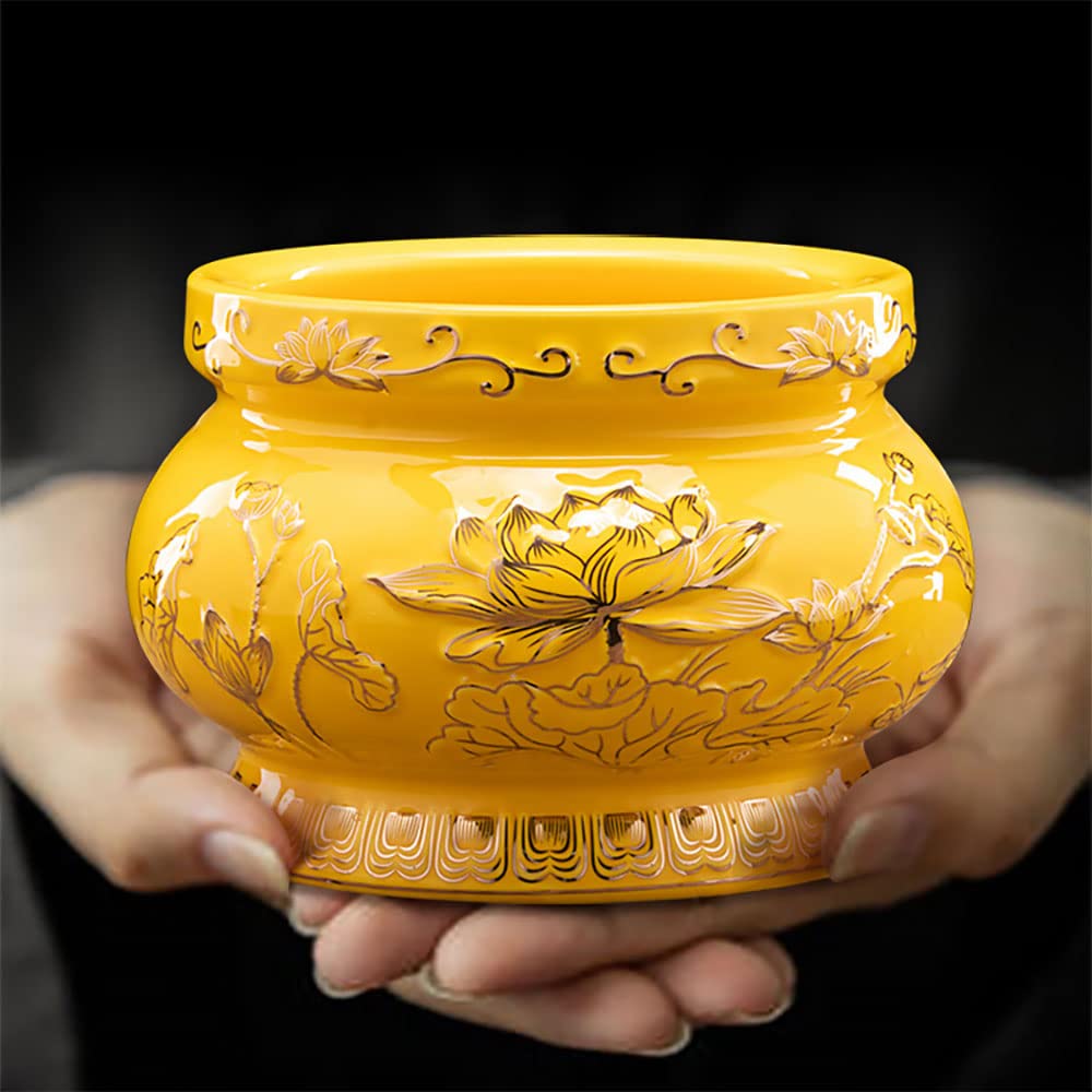 Small Yellow Ceramic Incense Burner Pot for Praying Buddha (Yellow)