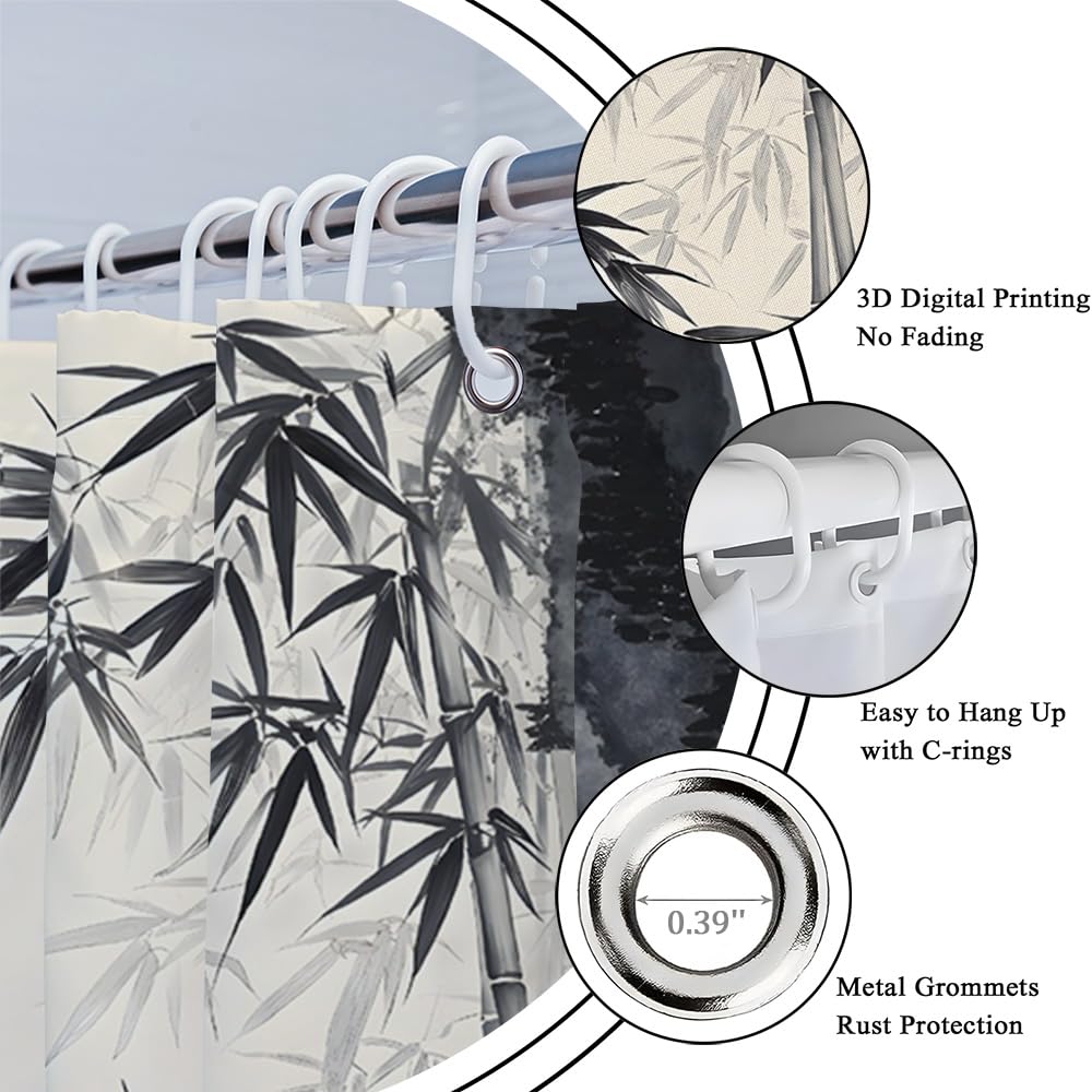 Bamboo Shower Curtain Japanese Mountain Traditional Asian Style with Black and White Ink Painting Oriental Zen Bathroom Decor Polyester Curtains with Hooks (Grey / 70"W x 82"L (Pack of 1))