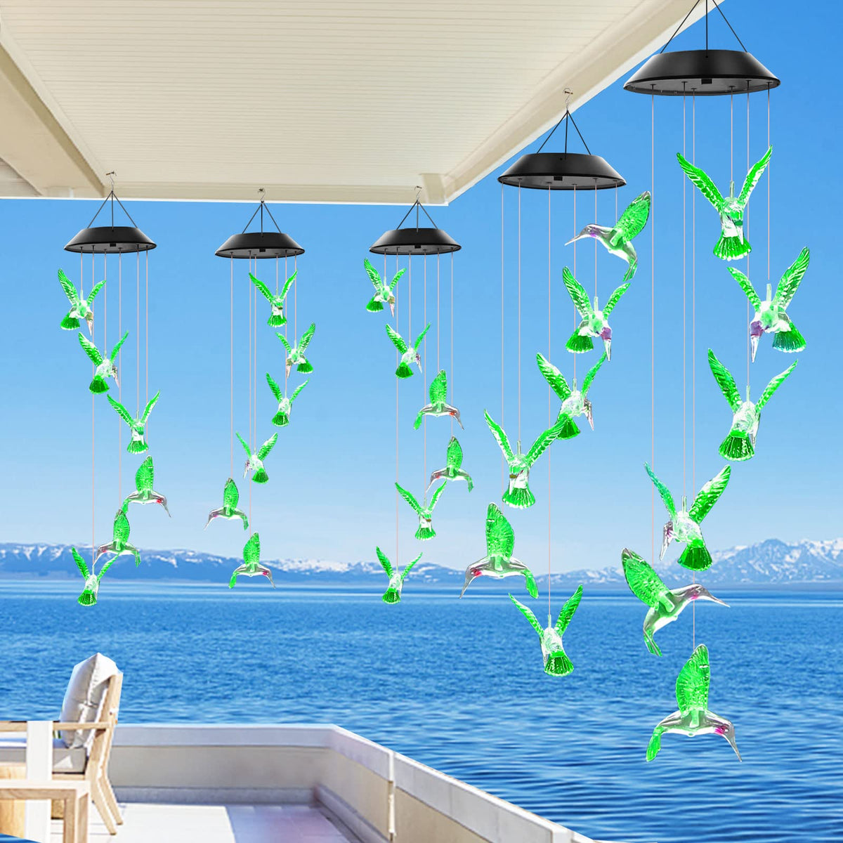 Green Hummingbird Solar Wind Chimes Color Changing Lights Outdoor