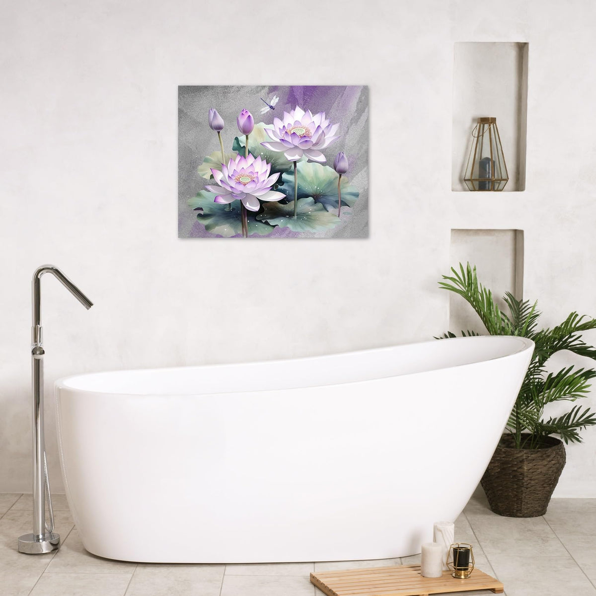 Zen Floral Canvas Wall Art Purple Water Lily Flower with Green Leaf Plant and Dragonfly Wall Art for Living Room (Purple / 16"L x 24"W)