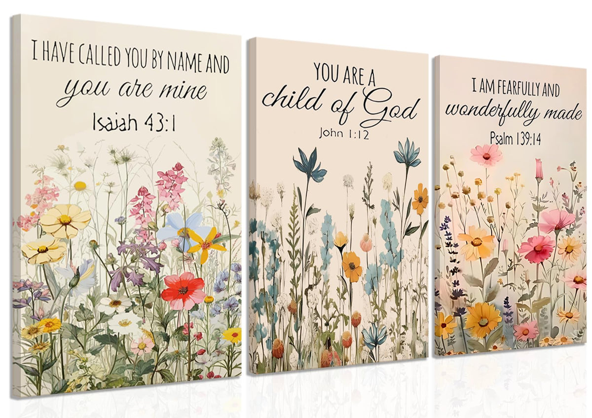 3Pcs Christian Floral Scripture Canvas Wall Art (Flower canvas / 16L"x12W")