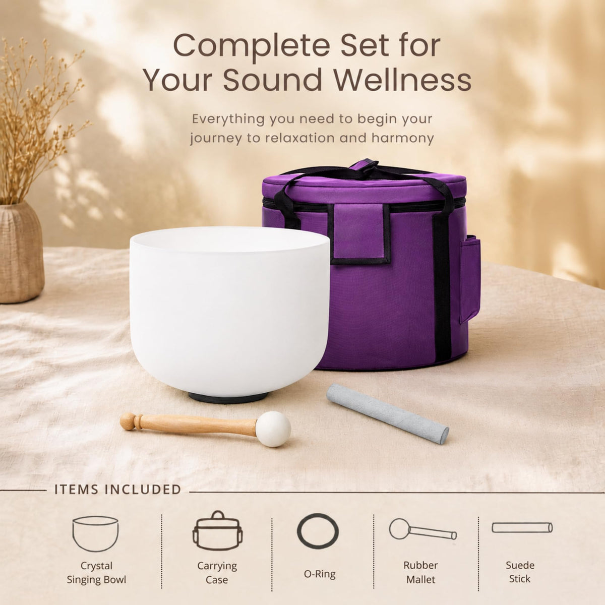 Crystal Singing Bowl 8 inch White D Note 432Hz with Carrying Case (8 Inch D)